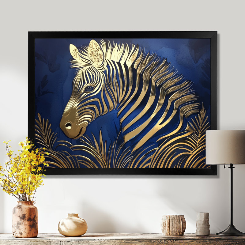 «Golden Aqua Zebra Portrait II - Zèbre», reproduction d'art murale, H 12 po x l 20 po, Reproduction encadrée, Noir