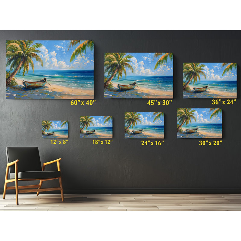 Peinture d'un bateau à rames à la plage, reproduction sur toile, H 20 po x l 30 po