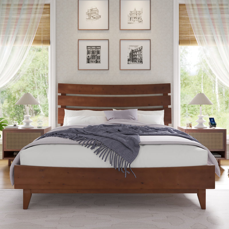 Camira Queen Size Solid Wood Slat  Bed Pine Platform,Walnut, Queen, Walnut