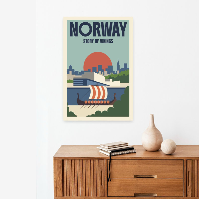 Norway Viking Ship Cityscape Modern Retro Abstract Architecture City Wall Art Print 1 Piece Wrapped Canvas Wall Art