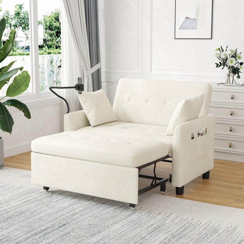 Canapé-lit rembourré 46,5 po, causeuse convertible moderne avec support pour téléphone et poches latérales, Beige