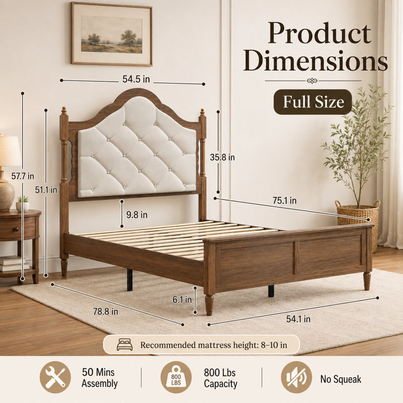 Cadre de lit vintage pleine grandeur de 78,8 pouces de long avec tête et pied de lit rembourrés, style milieu du siècle, construction en bois, brun – élégant.