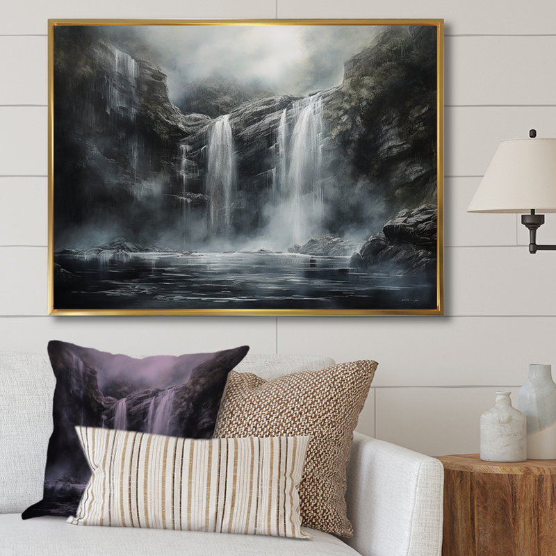 cascade falaise paysage magique - Art mural cascade pour le salon, H 24 po x l 32 po x P 1 po, Cadre flottant doré