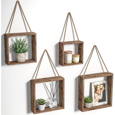 Floating Wall Shelves Set Of 4 - Rustic Wood Cube Display Shelf For Home Decor - Modern Boho Hanging Shelves For Living Room, Bedroom, Office - Sturdy And Versatile Storage Solution