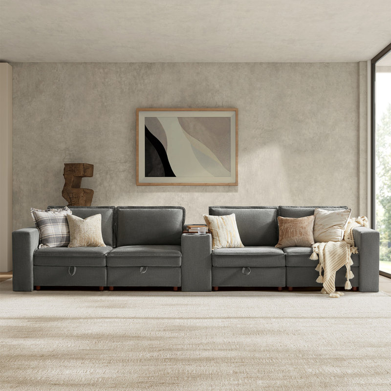 Bessette 148“ Modern Storage Sectional Sofa With Charging Station And Middle Storage Compartment, Gray