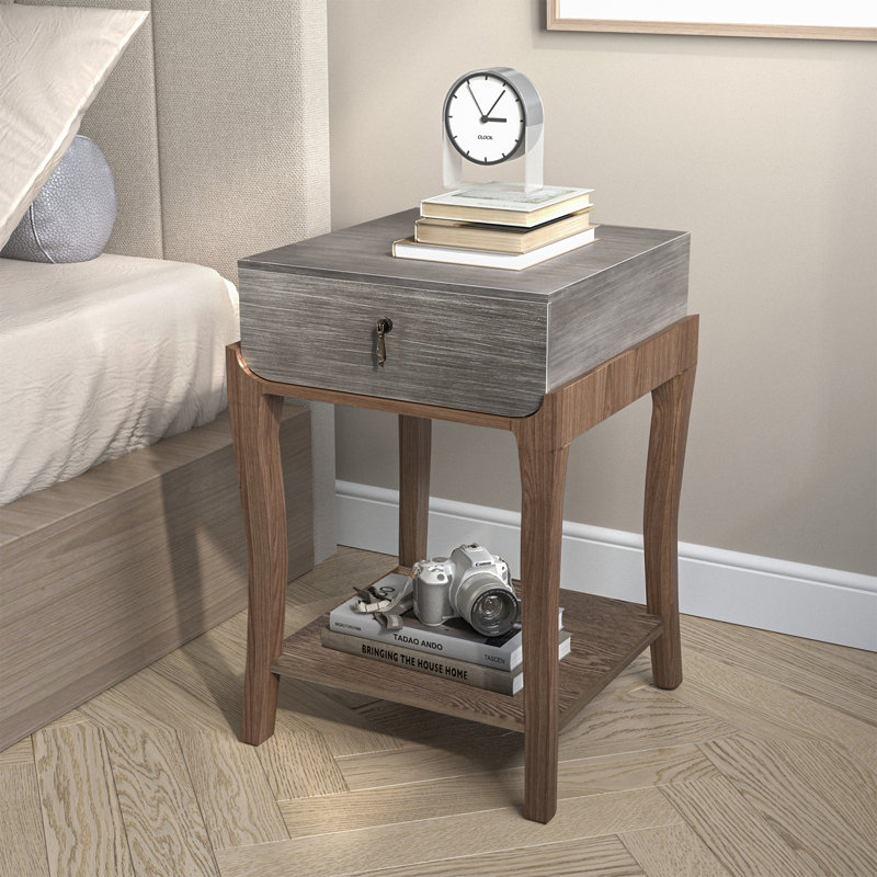 Table de bout avec tiroir et tablette Red Barrel Studio®, plateau gris argenté, Brun, Gris
