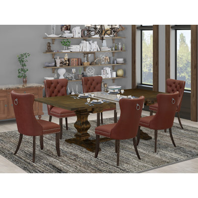 5C95B65250724EABAD36102AC7C5357A 9 Piece Dinette Set Contains a Rectangle Dining Table with Removable leaf and 8 Upholstered Chairs, Jacobean