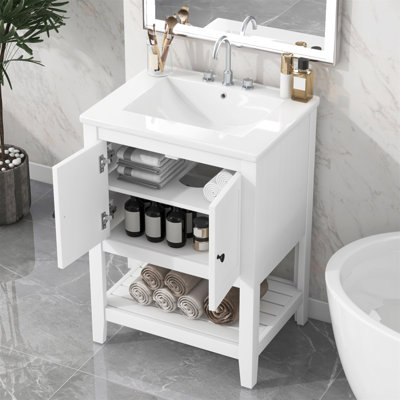 Meuble-lavabo moderne blanc 24 po avec lavabo en céramique, cadre en bois massif et tablette ouverte pour un rangement élégant