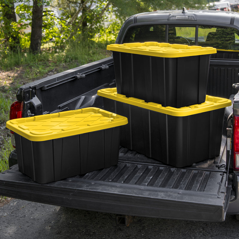 Sterilite 17 Gallon Industrial Stackable Storage Tote Lidded Containers, 6 Pack, 8 Pack, Black/Yellow, 38 Gallon