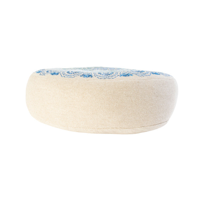 Coussin brodé rond en coton, H 18 po x l 18 po, Motif floral bleu