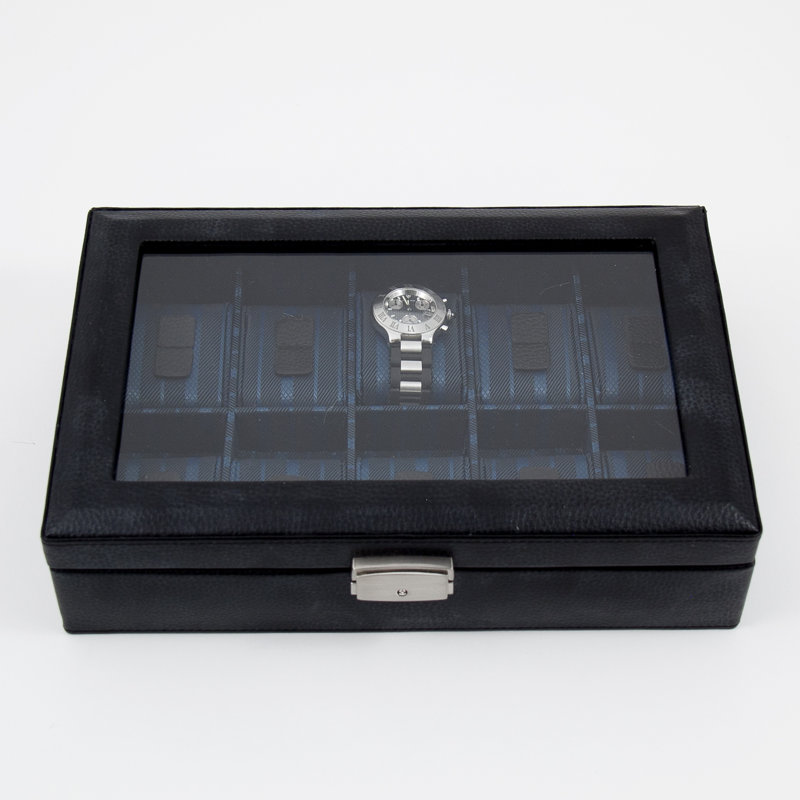 Black Leather Rectangular Locking Watch Case with Glass Top