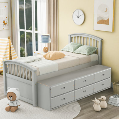 Lit plateforme simple en bois massif avec 6 tiroirs, base de lit en bois de pin, 10 lattes, lit pour enfant