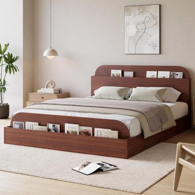 Lit plateforme double en bois avec tête et pied de lit avec rangement, finition espresso