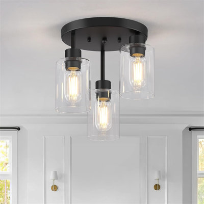 Plafonnier semi-encastré 3 lumières avec abat-jour en verre transparent