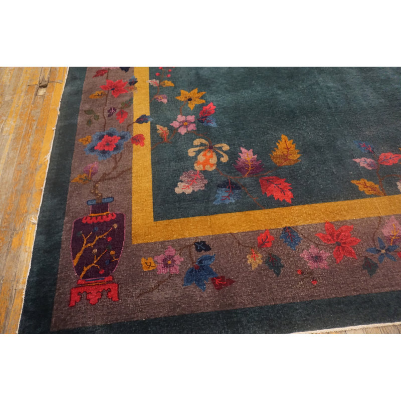Tapis art déco chinois surdimensionné vert de grande taille