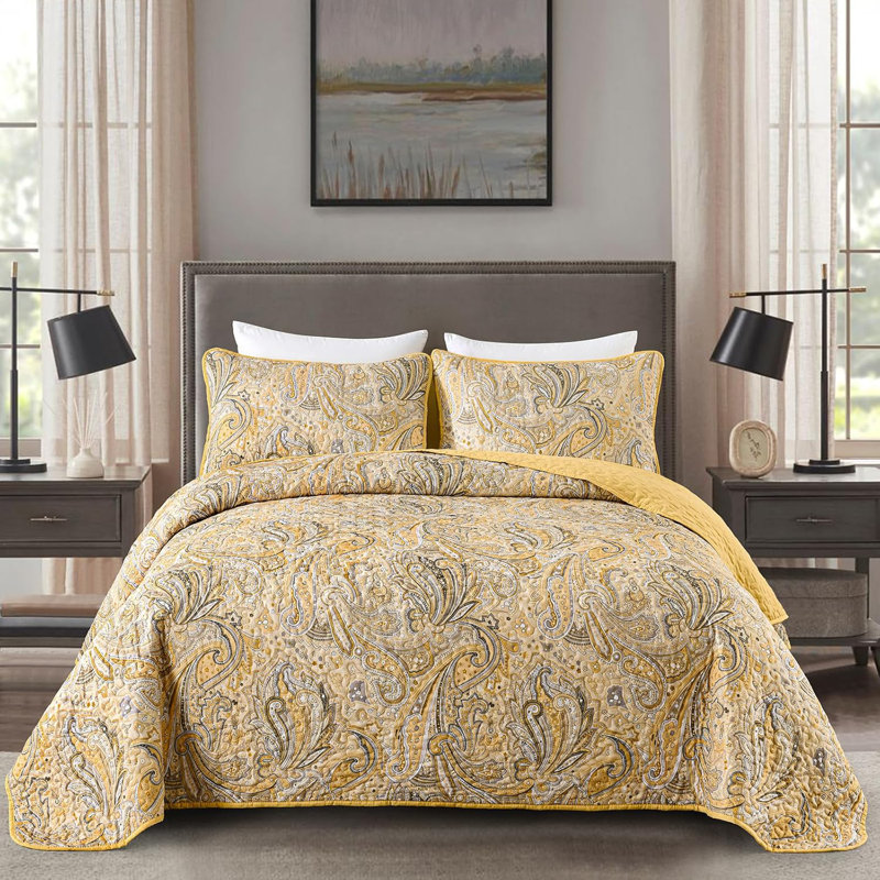 Ensemble de courtepointe 3 pièces à motif cachemire et couvre-lit Boho, Jaune