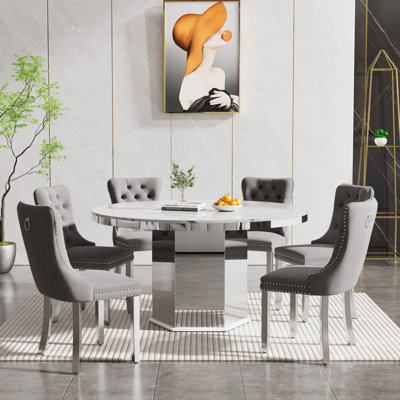 Round Faux Marble Dining Table Set, 47.24"-63" Extendable Oval Dining Table & Tufted Velvet Chairs, Modern Mirrored Kitchen Dining Room Table and Chairs Set