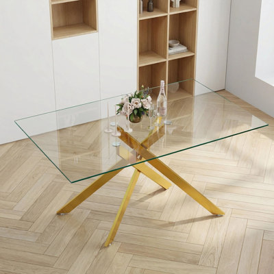 Table de salle à manger rectangulaire moderne en verre de sécurité trempé avec pieds en métal