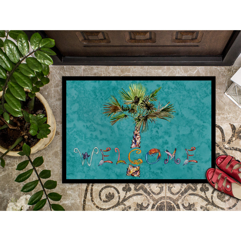 Bathory Non-Slip Floral Doormat, 2' x 3', Teal