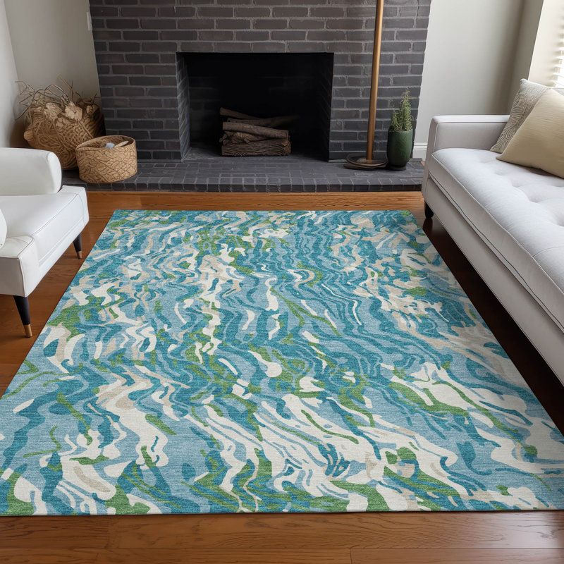 Teal and White Abstract Swirl Washable Synthetic Rug