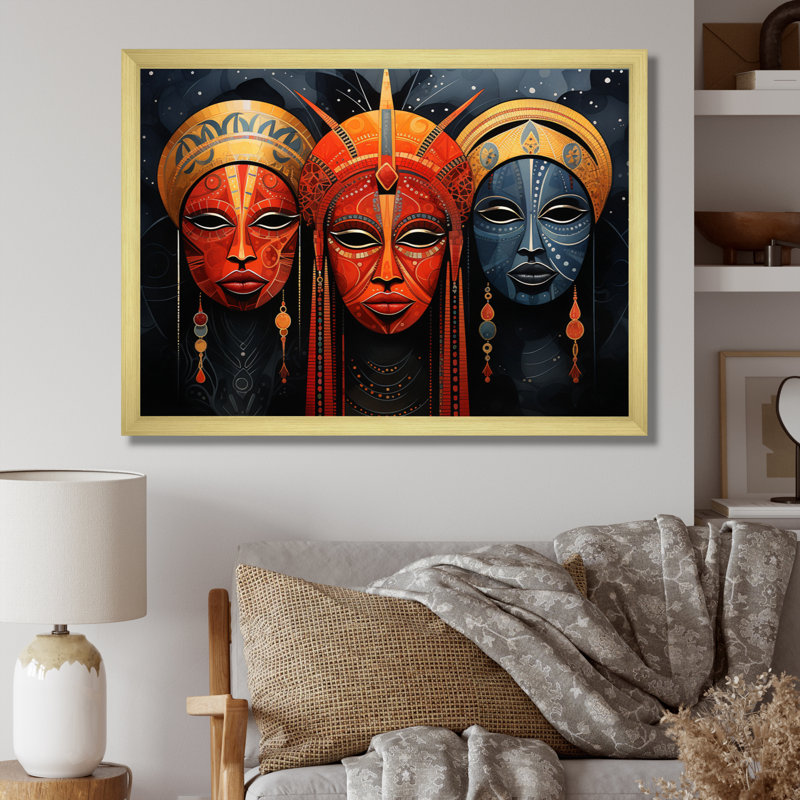 «Cieron Red African Masks II», reproduction sur toile, H 30 po x l 40 po x P 1,5 po, Cadre doré simple