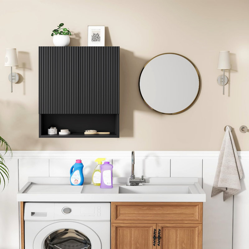 Modern 26'' Wall-Mounted Striped Bathroom Cabinet Medieval-Style Solid Wood Floating Cabinet