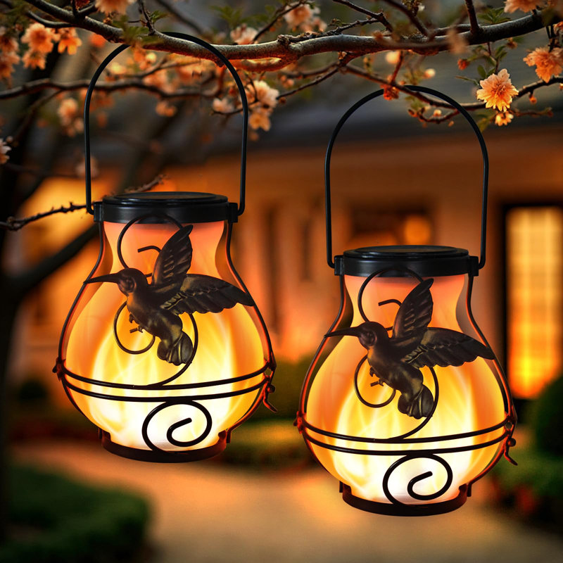 2 Pack Solar Lanterns Outdoor Waterproof, Hummingbird Metal Hanging Lanterns With Flickering Flame For Patio, Porch, Garden Decor