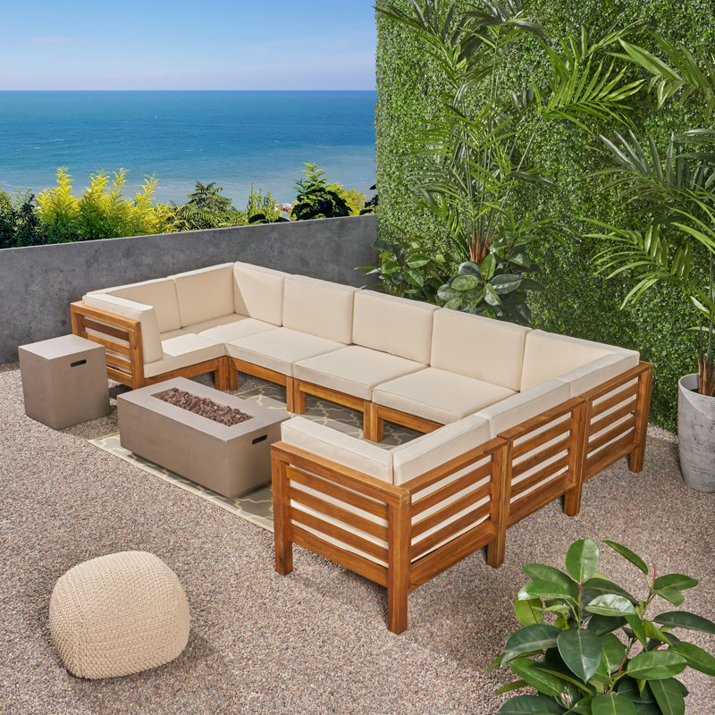 Ensemble de conversation modulaire d'extérieur avec coussins Ajanai, Structure teck / coussin beige