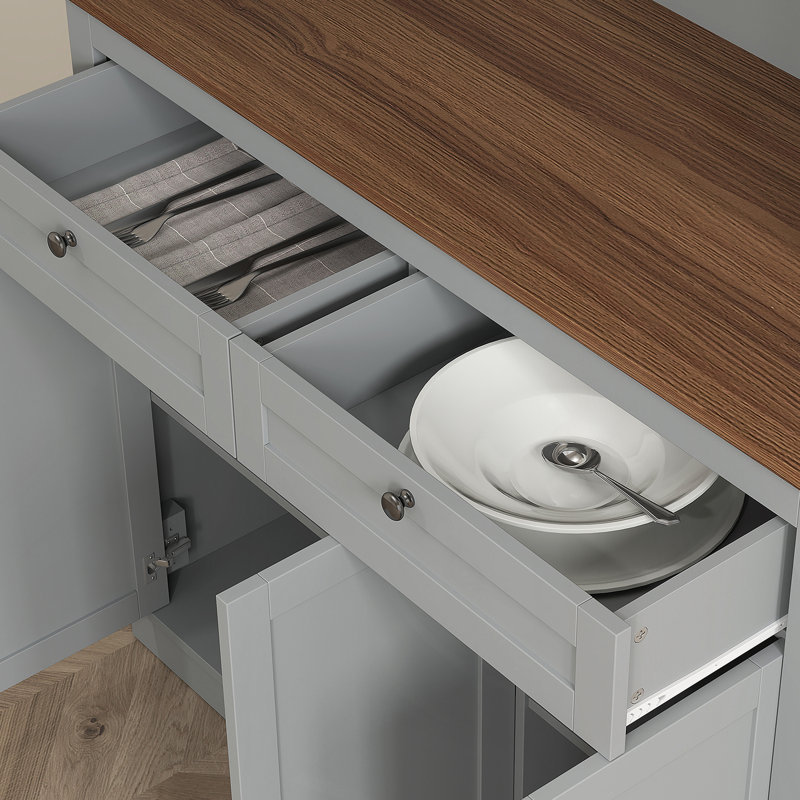 Armoire de cuisine pratique avec support pour micro-ondes, huche de cuisine avec tiroirs et tablettes réglables, Gris