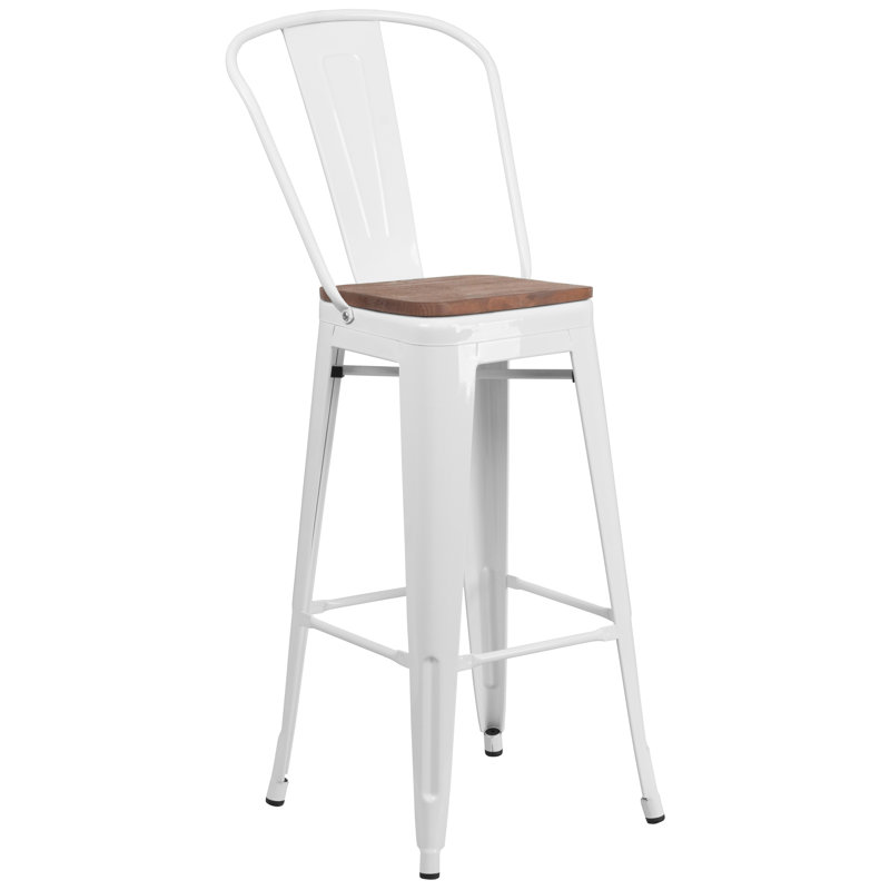 Tabouret de bar ou de comptoir en métal Marian avec dossier et siège en bois Marian, blanc, 1