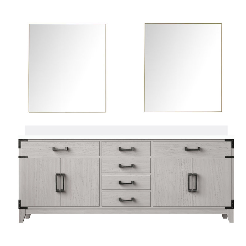 Meuble-lavabo double en chêne blanc avec comptoir en marbre de culture fine et miroirs - comptoir de 80 po x 22 po et comptoir de 36 po