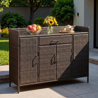 Armoire de rangement extérieure en rotin résistant aux intempéries avec bureau en verre trempé, grand tiroir et tablettes réglables