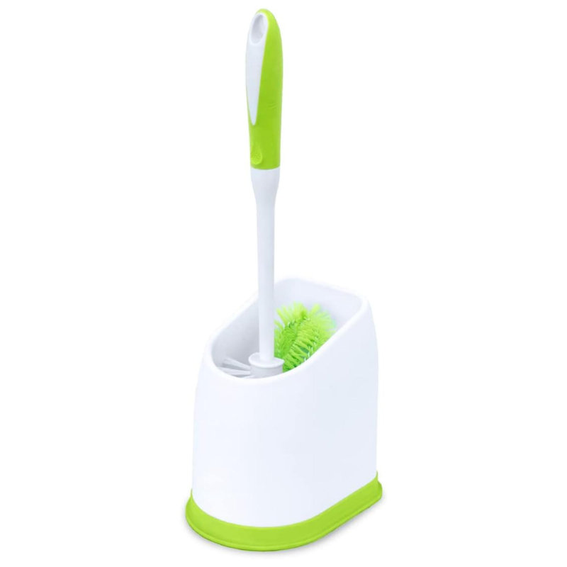 Brosse pour cuvette de toilette avec support | Baguette de nettoyage robuste avec laveur sous la jante, blanc / vert