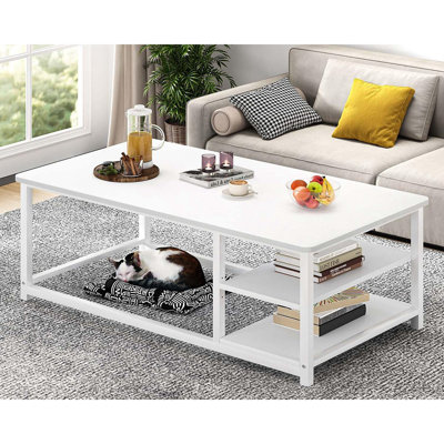 Table basse blanche, centre de table moderne en bois rustique avec rangement pour le salon