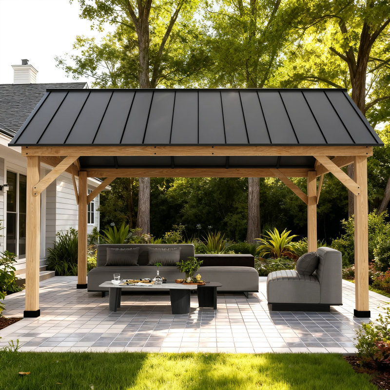13 x 15FT Cedar Wood Gazebo with Galvanized Steel Hardtop Roof, Outdoor Gazebo for Backyard, Garden, Patio, Deck