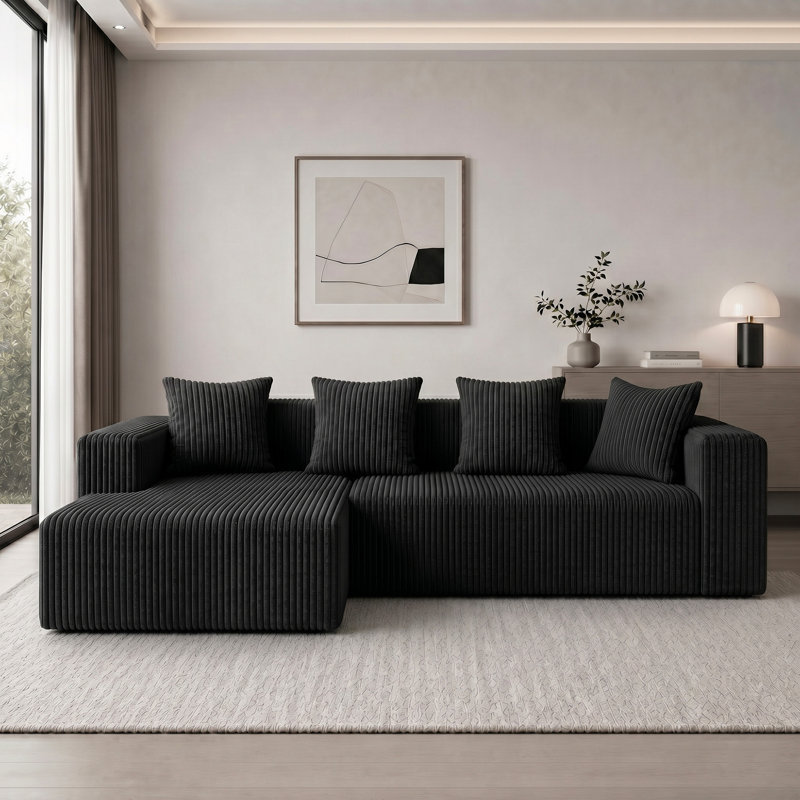 Modern Oversized 262cm Boneless Corner Sofa L-Shaped Corduroy Sofa With Storage Pockets, Left Hand Facing, Black