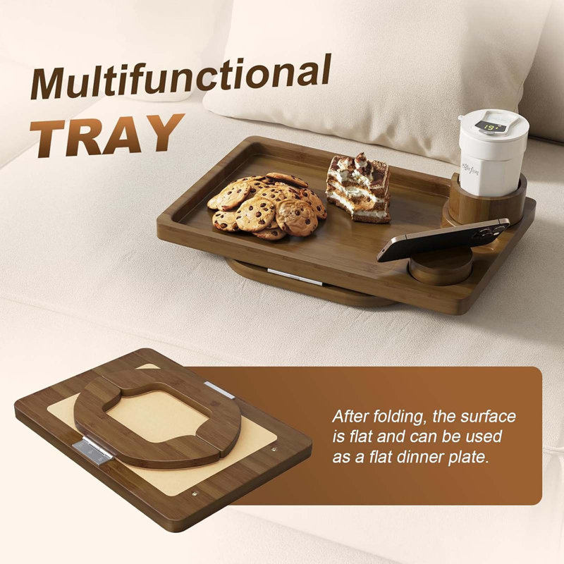Couch Cup Holder Tray, 3 In 1 Large 15.36"X9.85" Walnut Sofa Arm Clip On Tray Table With 360°Rotated Phone Holder On Armrest, Drink Holder For Arm Rest Eating And Drink, Armrest Trays For Couch