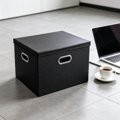 Large Collapsible Storage Bin with Lid – 1-Pack Leather Fabric Foldable Storage Box Organizer with Cover for Home, Bedroom, Closet, Office, Nursery, Black