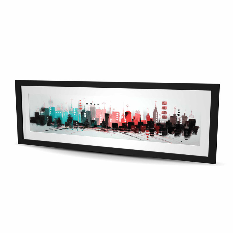 Paysage urbain avec des couleurs or rose - reproduction encadrée turquoise