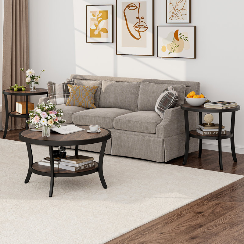 3-Piece Rustic Industrial Living Room Table Set With 31.5" Round Coffee Table And Two 23.6" Round Side Tables