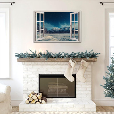 Grande toile murale, fenêtre ouverte, impression de paysage de montagne enneigée, œuvre d'art de scène d'hiver, affiche sur toile forêt pour le bureau de la chambre à coucher, 20 po x 30 po