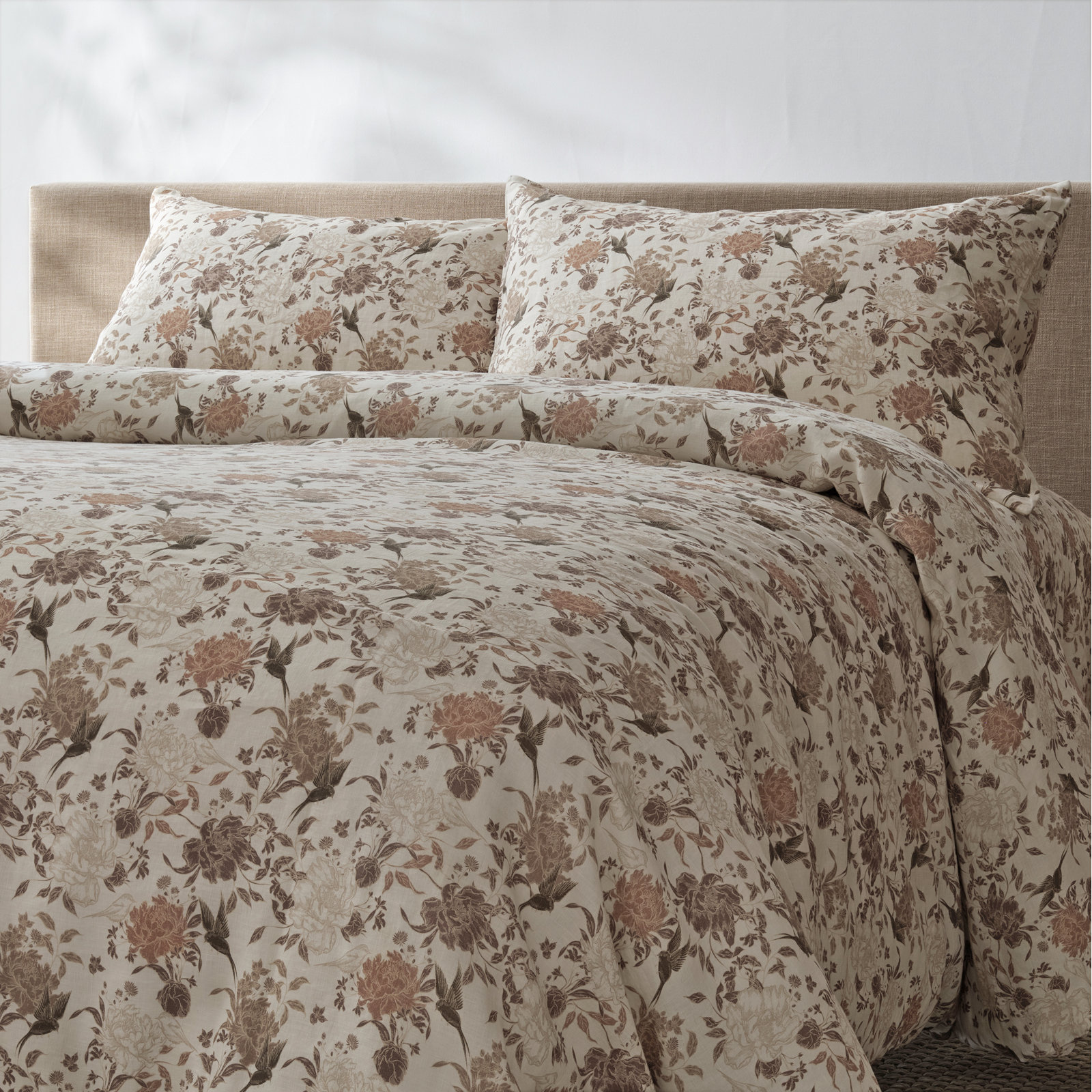 French Linen Duvet Cover Set, Queen Duvet Cover + 2 Standard Pillow Shams, Cream Floral Toile