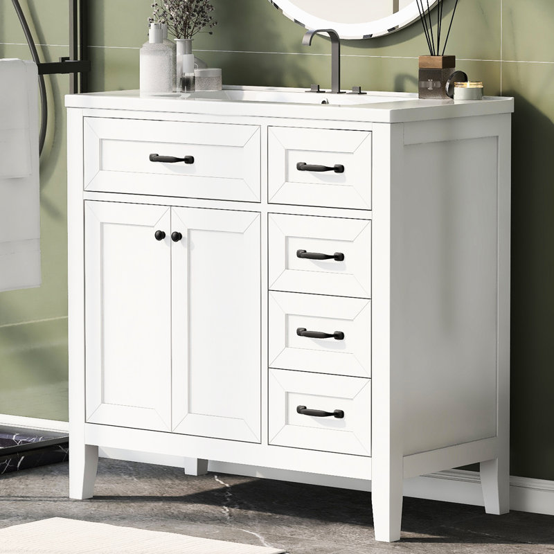 Meuble-lavabo autoportant de 36 po avec lavabo en céramique, tiroirs, bois massif et fiabilité, Blanc