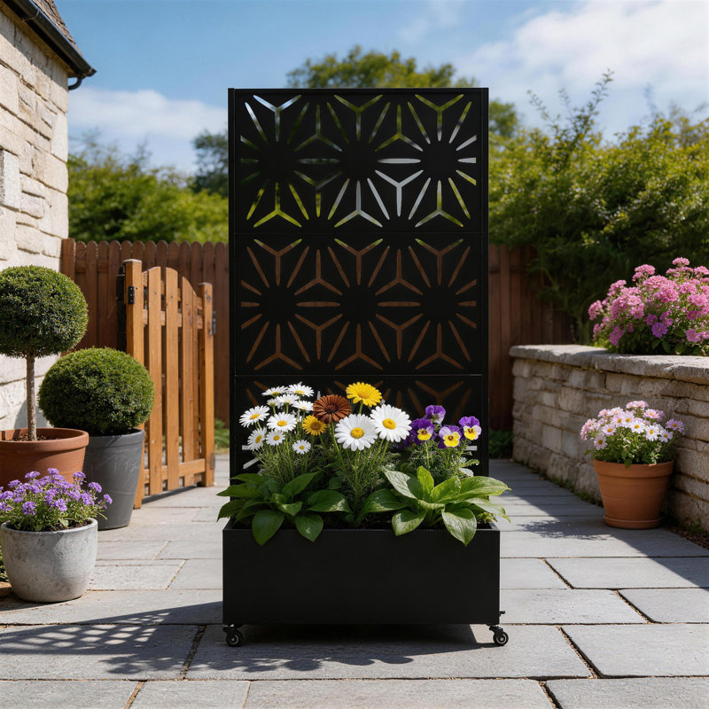 Boîte à fleurs en métal avec treillis et roues Alden, H 70,8 po x l 35,5 po x P 15,7 po, Black