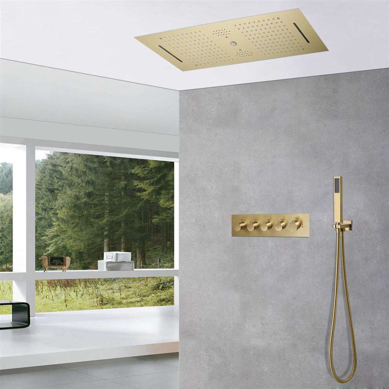 Système de pomme de douche thermostatique à pluie avec douche à main carrée Modica, Or brossé