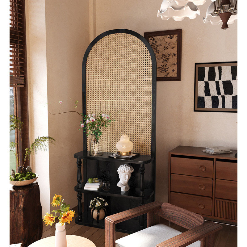 Paravent en pin et rotin de style Mid-Century pour le salon, Noir