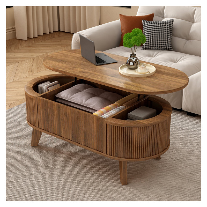 Table basse à plateau relevable cannelé avec rangement, table basse ovale moderne pour le salon ou le bureau personnel (noyer)