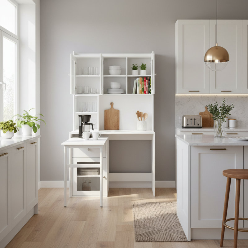 Armoire garde-manger multifonctionnelle avec bureau rotatif, rangement en verre, tiroir et tablettes ouvertes, Blanc