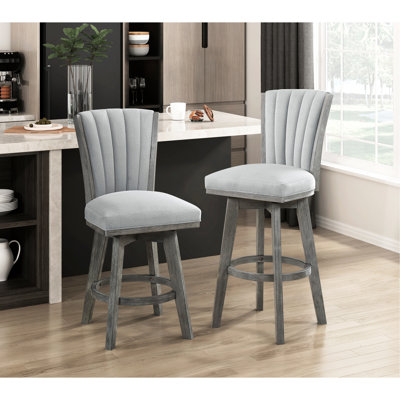 Of 2 Counter Height Swivel Seats, Grey Upholstery, Solid Wood, Dining Room Furniture Chairs   2 , Velvet, Wood Frame, Transitional
