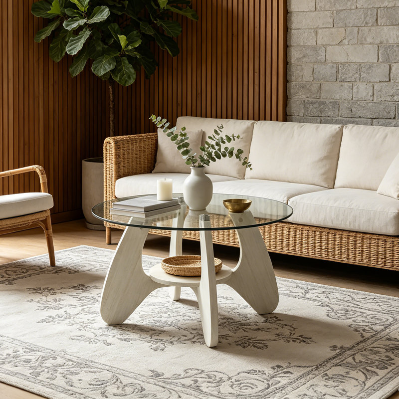 Table basse en verre 31,5 po pour le salon, table d'appoint en bois à 2 niveaux avec rangement ouvert, Blanc